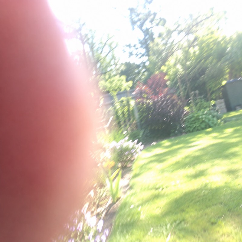 A thumb over most of the lens, a sunny garden behind it